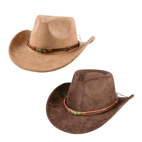 Cowboyhut für Männer und Frauen mit breiter Krempe im Freien Wildleder Hut 2er Pack Klassische Kaffeefarbe Weich Bequem Verstellbare Größe mit Metall Schädel Geflochtenes Band von YASHIIN