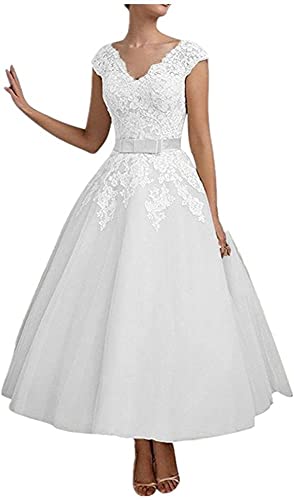 YASIOU Hochzeitskleid Standesamt Damen Weiß Vintage Tiefer Rücken A Linie Spitze mit Band Brautkleider von YASIOU