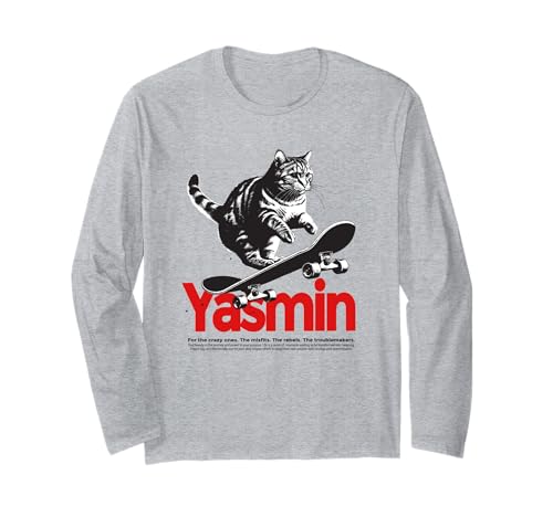 YASMIN - Schöner Mädchen Name mit Katze & Skateboard Langarmshirt von YASMIN Tochter Enkel Geburtstag Geschenkideen