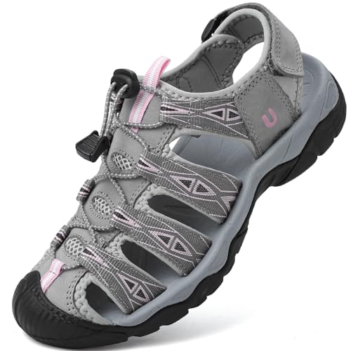 YASOWIN Damen Sport Wandern Sandalen Geschlossene Zehen Sommer Outdoor Athletic Walking Sandalen Abenteuer Leichte Bequeme Strandsandalen Wasserschuhe, Grau, Rot, 38.5 EU YASOWIN Damen Sport Wandern Sandalen Geschlossene Zehen Sommer Outdoor Athletic Walking Sandalen Abenteuer Leichte Bequeme Strandsandalen Wasserschuhe, Grau, Rot, 38.5 EU von YASOWIN