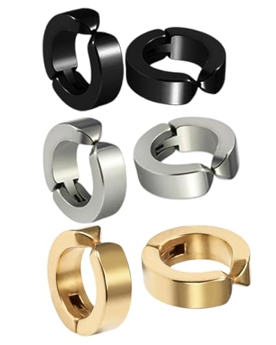 YATEICBC 3 Paar/6 Stück nicht durchbohrte Ohrring-Clips, falsche Ohrringe für Männer und Frauen, Edelstahl, 3 Farben von YATEICBC