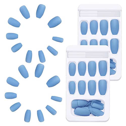 YATEICBC 48 Stück Kunstnägel Matt Full Cover Coffin Künstliche Nägel Medium Ballerina Acryl Kunstnägel Spitzen Set für Frauen Mädchen Nageldekorationen (Blau) von YATEICBC