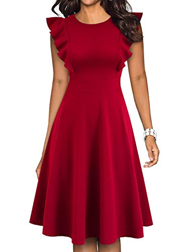 YATHON Damen Vintage Rüschen Floral Ausgestellt A-Linie Swing Casual Cocktail Party Kleider, Rot/Ausflug, einfarbig (Getaway Solids), Groß von YATHON