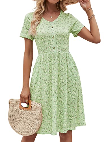 YATHON Kleider für Frauen 2023 mit Ärmeln Baumwolle V Ausschnitt Button Down A Linie Freizeitkleid Taschen, 1-yt097-green Floral 02, Klein von YATHON