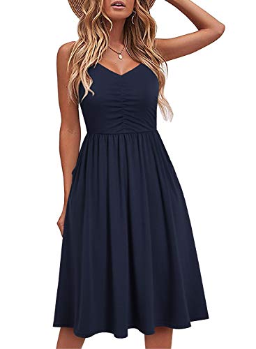 YATHON Lässige Kleider für Frauen Ärmellose Baumwolle Sommer Strandkleid A Linie Spaghettiträger Sommerkleider mit Taschen, YT090-Marineblau, Mittel von YATHON