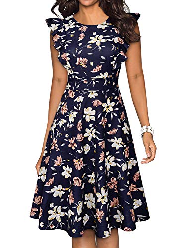 YATHON Damen Vintage Rüschen Floral Ausgestellt A-Linie Swing Casual Cocktail Party Kleider, Yt001 - Marineblau mit Blumenmuster von YATHON