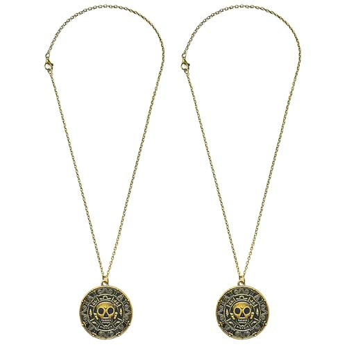 YAUOIPI 2 Stücke Halskette Pirat mit Totenkopfkompass,Modeschmuck mit Anhänger, Medaillon Halsband, mit messingfarbenen Totenkopf-Münzen-Anhänger, für Karneval, Fasching, Halloween, Mottoparty (2 pcs) von YAUOIPI