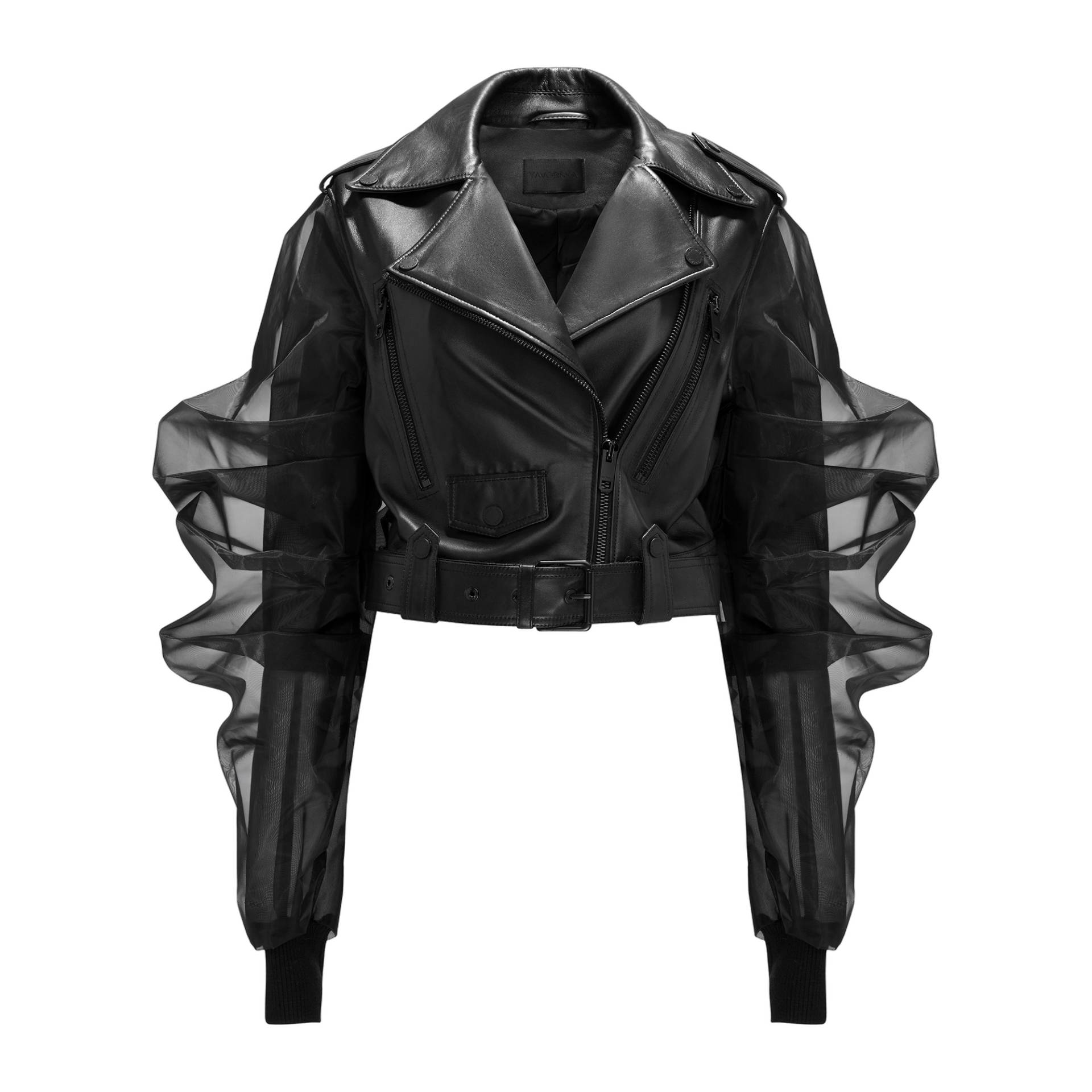 Cropped Leather Jacket With Silk Organza Sleeves - Black - M - YAVORSKA - Cropped jackets von YAVORSKA