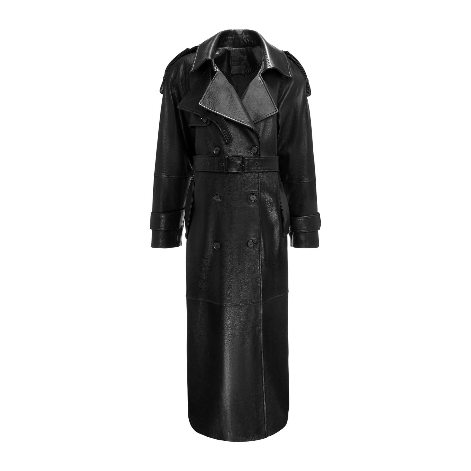 Double Breasted Leather Coat With Belt - Black - L - YAVORSKA - Coats von YAVORSKA