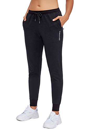 YAWHO Damen Jogginghose Baumwolle Sporthose Trainingshose Freizeithose Sweathose Lang Slim Fit Frauen Sweatpants Laufen Fitness Casual Basics mit Bündchen (L, Black) von YAWHO