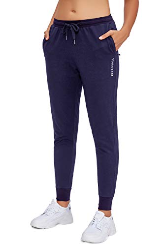 YAWHO Damen Jogginghose Baumwolle Sporthose Trainingshose Freizeithose Sweathose Lang Slim Fit Frauen Sweatpants Laufen Fitness Casual Basics mit Bündchen (L, Blue) von YAWHO