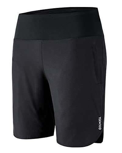 YAWHO Damen Sporthose Kurz Laufshorts Sweatshorts Sport Kurze Hose Sommer Schnell Trocknend High Waist Fitness Running Gym mit Reißverschlusstasche (80887 Black, M) von YAWHO