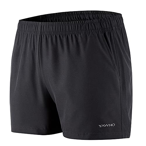 YAWHO Damen Sporthose Kurz Laufshorts Trainingsshorts Sweatshorts Sport Kurze Hose Sommer Schnelltrocknend Atmungsaktiv für Running Jogging Yoga Gym (80867 Black, L) von YAWHO