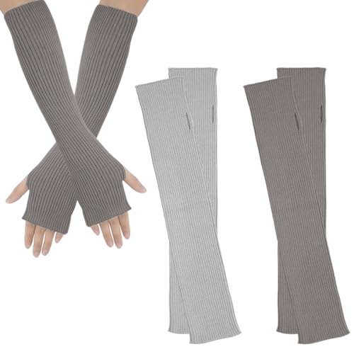 Armstulpen Damen, 2 paar Lang Handschuhe Fingerlos, Strick Handstulpen Damen, Fingerlose Fäustlinge mit Daumenloch, Pulswärmer Fäustlinge, Lange Armstulpen Ellenbogenwärmer, grau von YAWOXIJ
