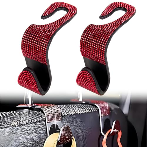 Auto haken glitzer, 2 Stück Autositz Kopfstützenhaken mit strass, Autositz Zurück ABS Haken, Strass Auto Kopfstütze Haken, Multifunktions Autohaken, für Geldbeutel Kleidung Handtasche, Rot von YAWOXIJ