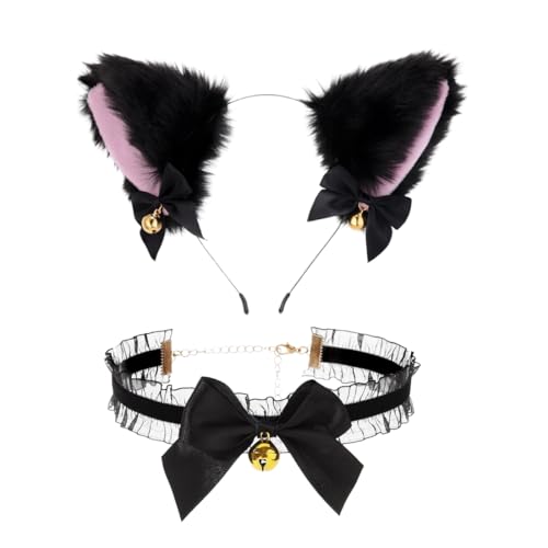 Katzenohren Haarreif, Katze Ohr Stirnband Haarband mit Glöckchen, Halskette in spitze mit Glöckchen, Katzenohren Haarschmuck, Cat Ears Stirnband, Katze Cosplay Kostümfest Set, Schwarz von YAWOXIJ