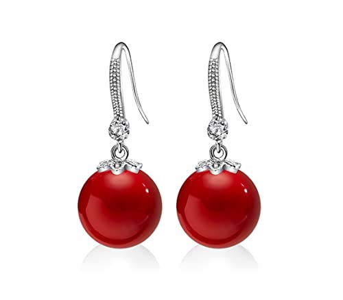 YAXUN Perlenohrringe Damen Ohrringe Ohrhänger Silber 925 und 5A Zirkonia Kristall Diamant, 12mm Rote Perlen Tropfen Hängend Ohrringe, Schmuck Geschenke Für Frauen von YAXUN