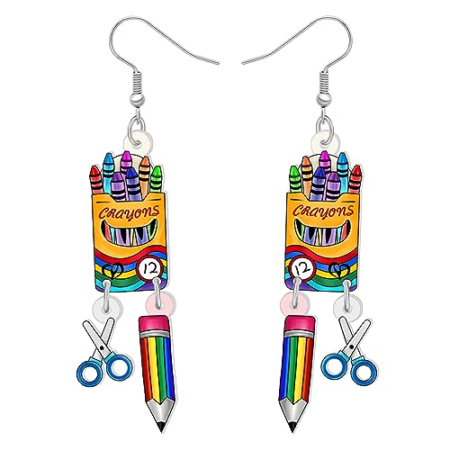 YAYAKO Acryl Globus Bleistift Ohrringe Baumeln Schmuck Lineal Radiergummi Schreibwaren Sets für Kinder Lehrer Frauen Mädchen Zurück zu Schule Geschenke (Schere Buntstifte Sets) von YAYAKO