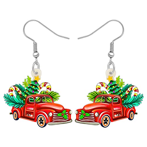 YAYAKO Acryl Red Truck Laden mit Weihnachten Baum Geschenke für Frauen Mädchen Neuheit Auto Baumeln Ohrringe Schmuck Weihnachten Party Charms (Rot C) von YAYAKO