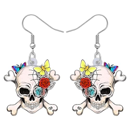 YAYAKO Acryl Schädel Piraten Ohrringe Sugar Skull Dangle Ohrringe Schmuck Halloween Piraten Geschenke für Frauen Mädchen Charms (Totenkopf mit Schmetterlingsblüten) von YAYAKO