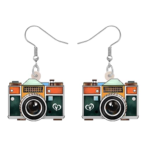 YAYAKO Acryl Vintage Kassetten Band Ohrringe Baumeln Alte Kamera Radio Schmuck Neuheit Geschenke für Frauen Mädchen Charms Zubehör (Kamera Grün) von YAYAKO