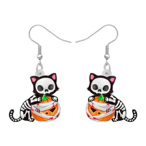 YAYAKO Cute Schwarze Katze Ohrringe Baumeln Acryl Halloween Spooky Saison Schmuck Kürbis Dekor für Frauen Mädchen Kätzchen Charms (Totenkopf Katze) von YAYAKO