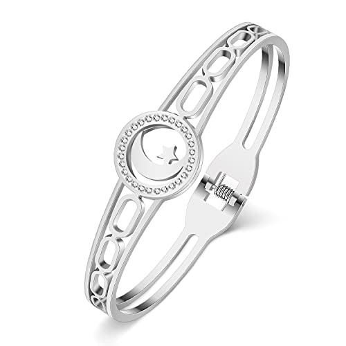 YAYAKO Edelstahl Strass Armband Armreif Zierlich 18k plattiert Silber Gold Armbänder für Frauen Mädchen Charme Armbänder Geschenke (Stern Mond Armband Versilbert) von YAYAKO