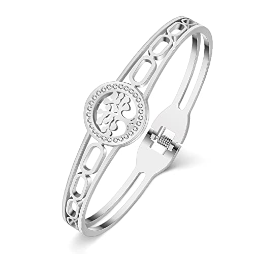 YAYAKO Edelstahl Strass Armband Armreif Zierlich 18k plattiert Silber Gold Armbänder für Frauen Mädchen Charme Armbänder Geschenke (Versilbert Baum Armband) von YAYAKO