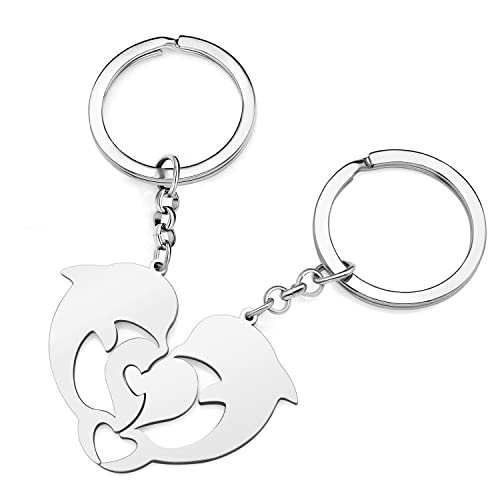 YAYAKO Edelstahl passende Schlüsselanhänger für Paare Herz Auto Schlüsselanhänger Valentinstag Geschenke für ihn ihr Frauen Mädchen Schlüsselanhänger (Delfin Versilbert) von YAYAKO