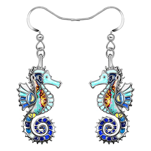 YAYAKO Emaille Hai Ohrringe Baumeln Zinklegierung Wal Qualle Delphin Oktopus Ohrringe für Frauen Mädchen Ozean Tiere Sommer Geschenke (Seepferdchen Ohrringe Blau) von YAYAKO