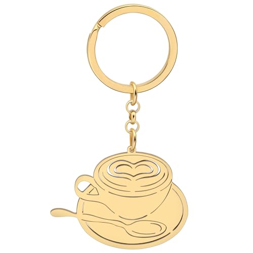 YAYAKO Kaffee Schlüsselanhänger Edelstahl Kaffeebecher Schmuck Geschenke für Frauen Mädchen Charms Kaffeemaschine Auto Schlüsselanhänger (Kaffeetasse Vergoldet) von YAYAKO