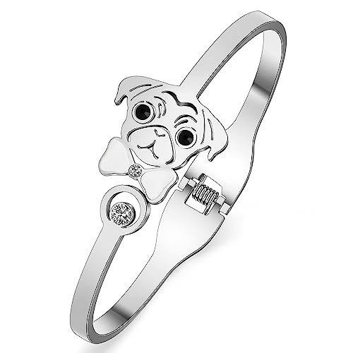 YAYAKO Matching Dog Armbänder Armreif Schmuck Edelstahl 18K Gold Armbänder für Frauen Mädchen Charms Dachshund Geschenke (Versilbert Mops Armband) von YAYAKO