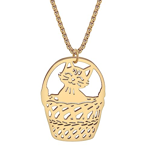 YAYAKO Niedliche Katze Halskette Kette Edelstahl Anhänger Halskette Katze Geschenke für Katzenliebhaber Frauen Mädchen Zierliche Halskette Schmuck (Vergoldet Korb Katze Halskette) von YAYAKO