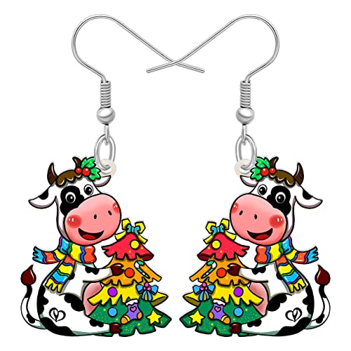 YAYAKO Weihnachten Kuh Baumeln Ohrringe Acryl Lustige Milchvieh Schmuck Bauernhof Tiere Cartoon Geschenke für Frauen Mädchen Dekorationen Charms (Weihnachts Baum Kuh) von YAYAKO