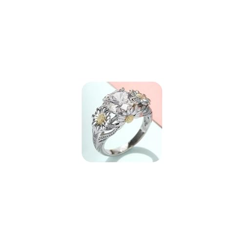 Modischer Verlobungsring mit 925er-Sterlingsilber überzogenem Zirkonia, Sonnenblumen-Design, 3,5 Karat, zweifarbig, 14 Karat Gold, Citrin, Gänseblümchen, Ehering, Größe 10 von YAYAYOUYOU