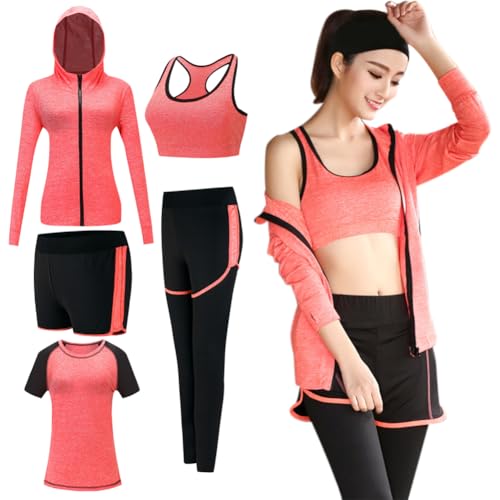 YAZHED 5Stück Workout Moden Outfits Frauen Yoga Fitnessraum Sport Langarm Sweatshirts Jogger Schlank Fitness Laufend Fitnessraum Jogger Sets von YAZHED