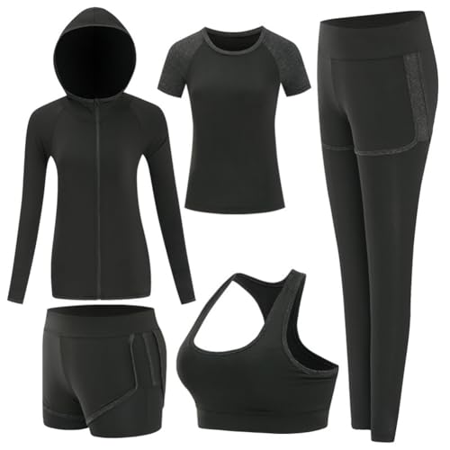 YAZHED 5Stück Workout Moden Outfits Frauen Yoga Fitnessraum Sport Langarm Sweatshirts Jogger Schlank Fitness Laufend Fitnessraum Jogger Sets von YAZHED