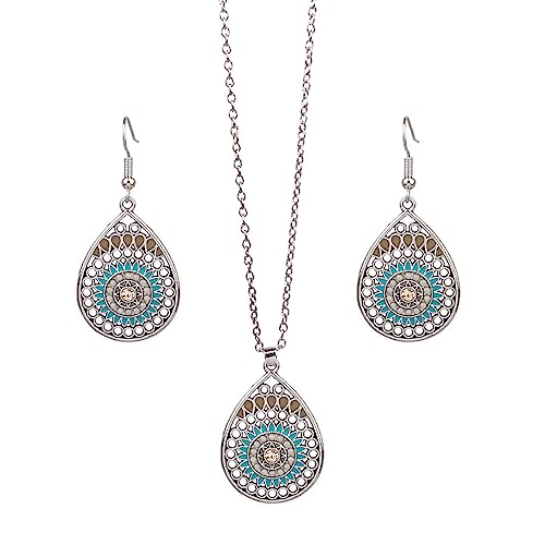 YAZILIND Anhänger Halskette Dangle Ohrringe Frauen Türkis Strass Ethnische Silber Zubehör Party Retro Zarte Schmuck Set (#3) von YAZILIND