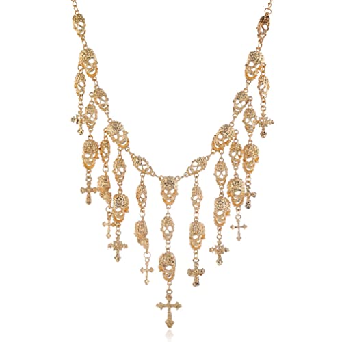 YAZILIND Chunky Bib Halskette Totenkopf Damen Quasten Vintage Punk Schlüsselbein Schmuck Extender Kette Kleid Pullover Aussage (Golden) von YAZILIND