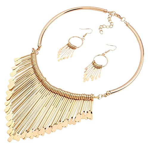 YAZILIND Damen Halskette Ohrringe Set Quasten Chunky Vergoldet Schlüsselbein Punk Ethnisch Retro Schmuck (Golden) von YAZILIND