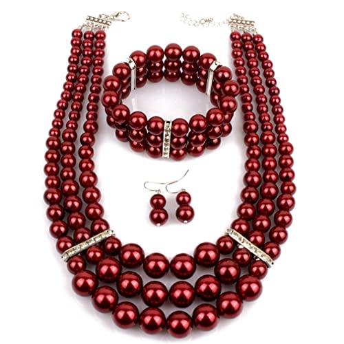 YAZILIND Damen-Halskette mit baumelnden Ohrringen Armband-Set klobiger Schmuck Imitationsperlen Vintage-Choker (Weinrot) von YAZILIND