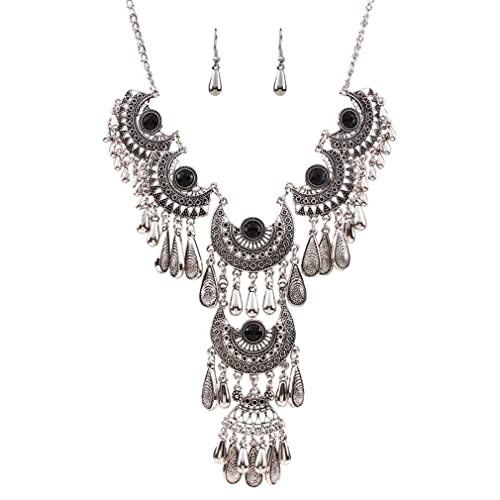 YAZILIND Damen-Halsketten-Ohrring-Set Versilbert Klobiges Böhmisches Partykleid Verziert Jahrgang-Schmuck-Sets (Schwarz) von YAZILIND
