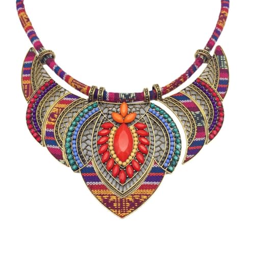 YAZILIND Bohemian Halsketten Ethnic Style Chunky Colorful Ethnic Festival Tribal Beaded Bib Collar Choker Kostüm Halskette Schmuck (Rot) von YAZILIND