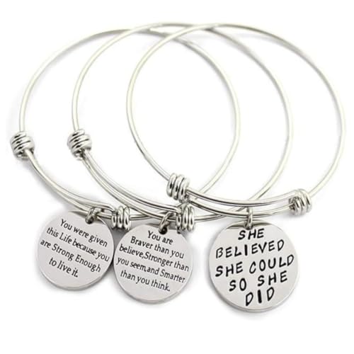YAZILIND Frauen Graviert-Nachricht Inspirierende Worte Runde Charme Armbänder Set Erweiterbar Silver Plated Stainless Steel Motivations-Armband-Armband-3 Pack von YAZILIND