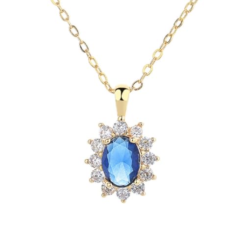 YAZILIND Frauen Halskette Anhänger Oval Cut Strass Gold plattiert Kette Vintage Schlüsselbein Party Tarnish Resistant Pullover Schmuck (Blau) von YAZILIND