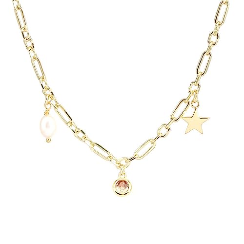 YAZILIND Frauen Halskette Süßwasser Perlen Strass Anhänger Vintage Kette Schlüsselbein vergoldet Schmuck Geschenk (Champagner) von YAZILIND