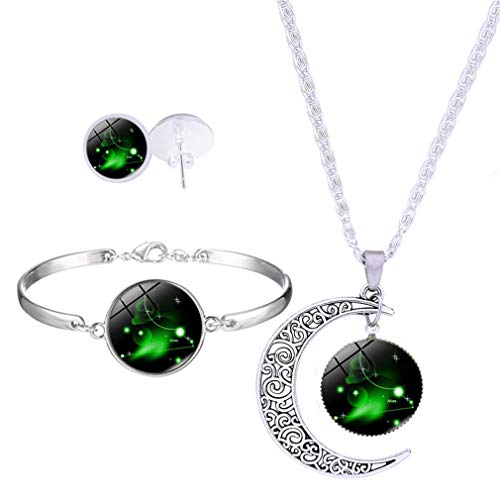 YAZILIND Frauen Schmuck Set Horoskop Tierkreis 12 Sternbild Astrologie Halbmond Anhänger Halskette Armband Ohrstecker Ohrringe Geburtstagsgeschenk (Widder) von YAZILIND