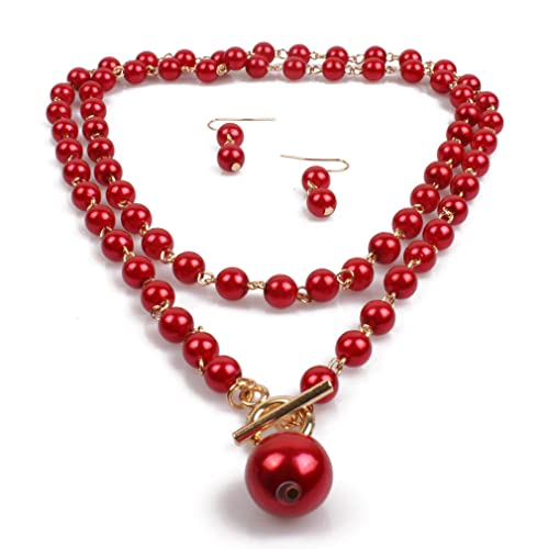 YAZILIND Halskette Ohrhänger Set Übertriebene Perlen Choker Frauen Verstellbarer Retro Party Schmuck (Rot) von YAZILIND
