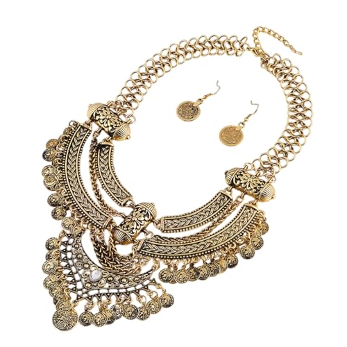 YAZILIND Halskette Ohrringe Set Bohème-Schmuck Geschenk Quasten Graviert Vintage Ethnic Party Elegant Schlüsselbein Kleid Verschönert (Golden) von YAZILIND