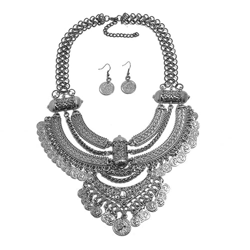 YAZILIND Halskette Ohrringe Set Bohème-Schmuck Geschenk Quasten Graviert Vintage Ethnic Party Elegantes Schlüsselbein Kleid Verschönert (Schwarz) von YAZILIND